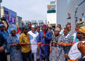 From second left: Special Adviser to the Governor on Transportation, Mr. Sola Giwa; MD/CEO, Upfront Homes, Mr. Babatunde Faleye; Governor of Lagos State, Mr. Babajide Sanwo-Olu; Chairman, Lagos Island East LCDA, Mayor Muibi Folawiyo and Chairman, Ibeju-Lekki Local Government Area, Hon. Abdullahi Olowa and others, during the commissioning of Prince Tajudeen Olusi Island East Golden Court at Lagos Island East LCDA on Thursday, November 13, 2025.